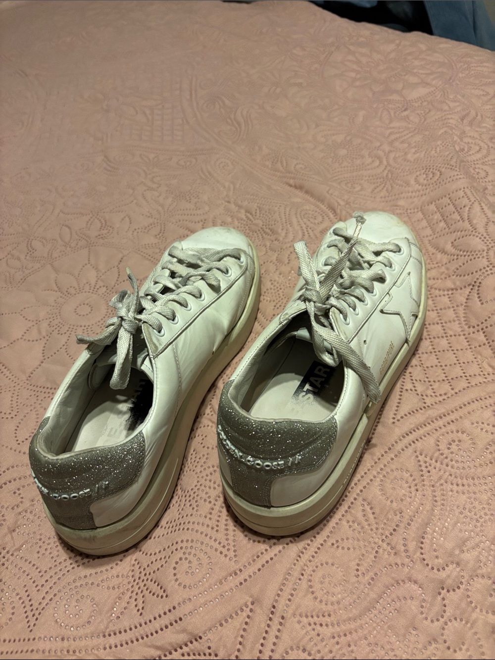 Golden Goose White Leather Platform Sneakers with Glitter Heel